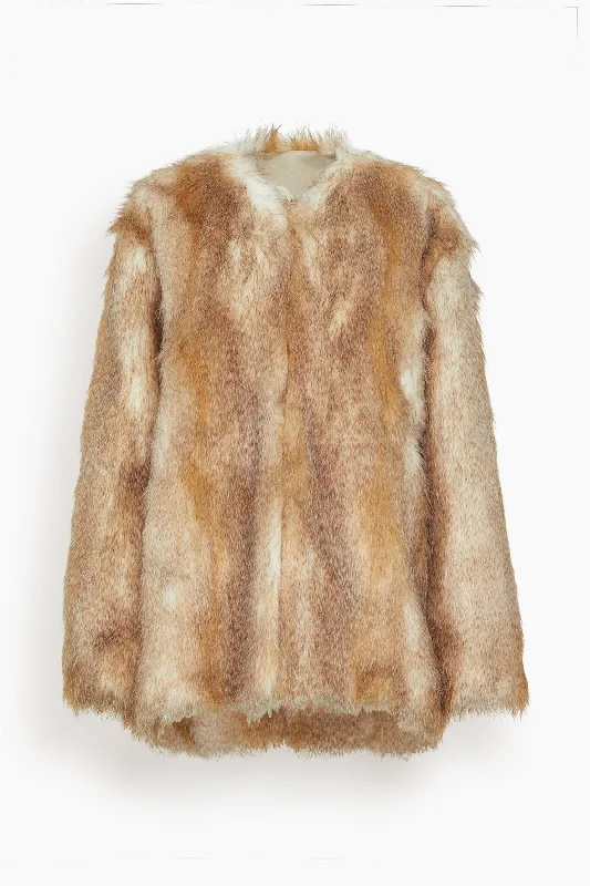 Aglae Collarless Coat in Natural Faux Fur Real Fur Shearling