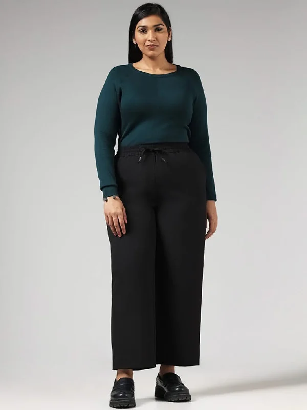 Gia Solid Black Mid Rise Wide Leg Trousers Trousers Custom Made