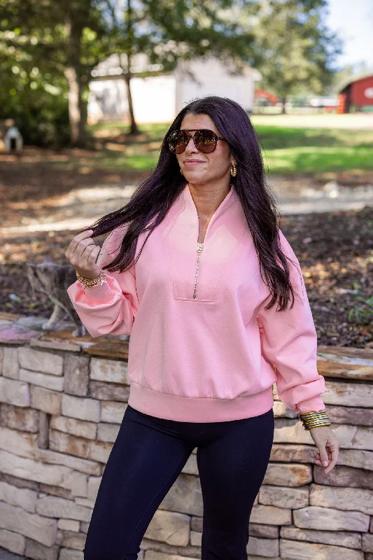 Luxe Knit Pink Zip Pullover Boat Neck Sweater