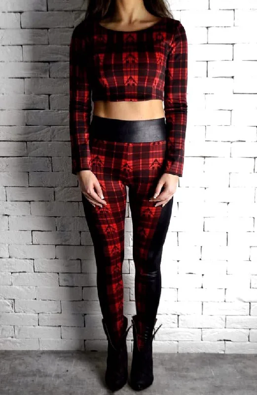 Directional Panel Leggings - Red Tartan Fashionable Smooth Fit Leggings