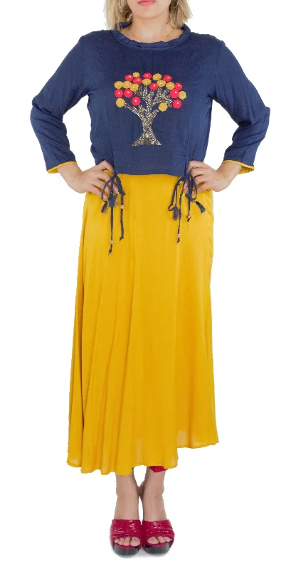 Mustard Color Kurti With Navy Blue Crop Top Terry Blend Velvet Blend Canvas Blend