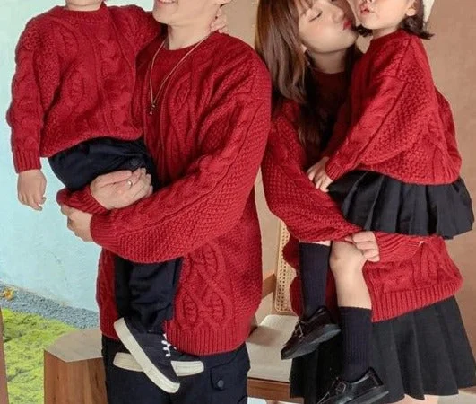 Family Matching Retro Knitted Pullover Sweater Ruffled Neck Pullover