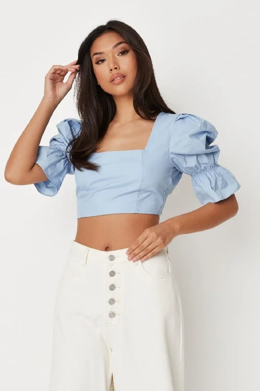 Blue Miilkmaid Sleeve Open Back Poplin Crop Top Fleece Nylon Spandex