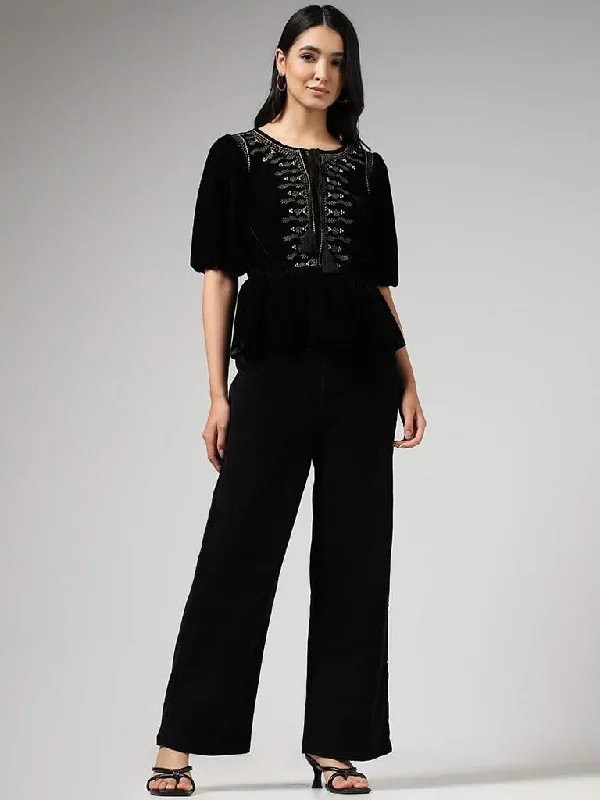 LOV Black Corduroy Wide-Leg Trousers Trousers cozy soft