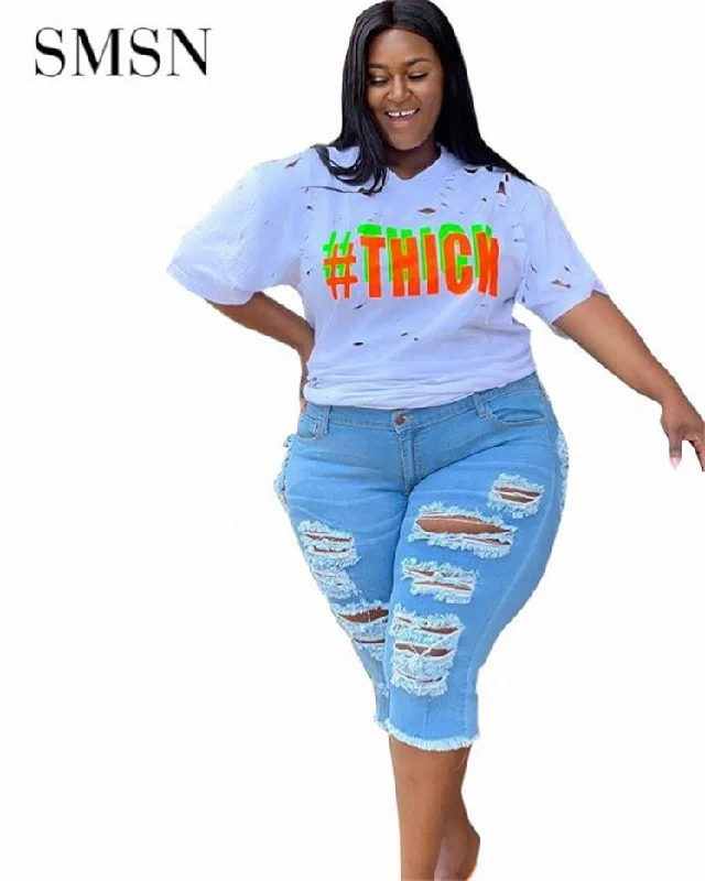 OSINA Best Design Street Sexy Hollow Out Denim Cropped Rough Edge Trousers Knee-Length Plus Size Ripped Women'S Jeans Trousers High Rise Slim Fit