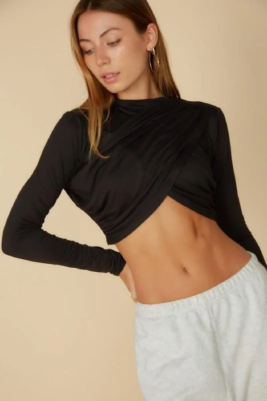 Black Close Neck Full Sleeve Crop Top Graphic Embroidered Appliqued