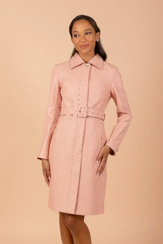 'Bellucci' Belted Leather Coat in Rosa Vent Hem Cuff