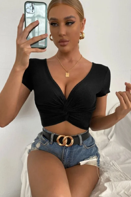 Plunge Neck Knot Front Crop Top Silk Blend Satin Velvet