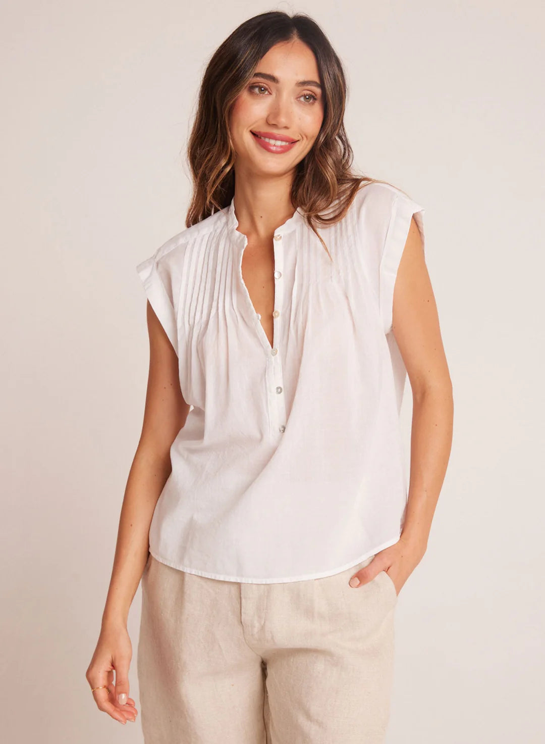 Short Sleeve Pintuck Pullover-White Oblong Neck Pullover