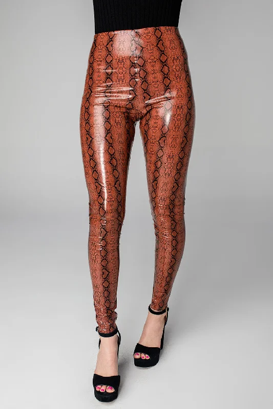 Mila Patent Vegan Leather Legging - Cognac Snake Cozy Workout Performance Leggings