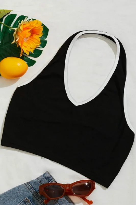 Black Halter Neck Crop Top Chenille Brocade Lace