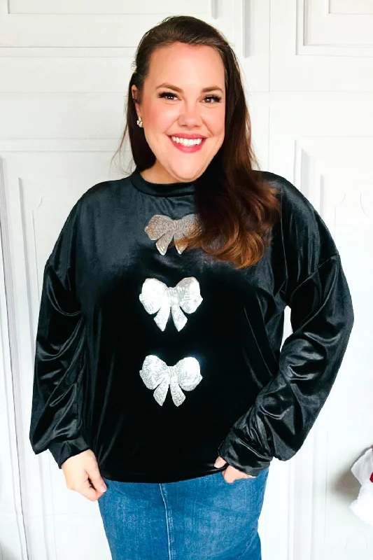 Home For The Holiday Silver Sequin Bow Velvet Pullover Top Wrist Length Sleeve