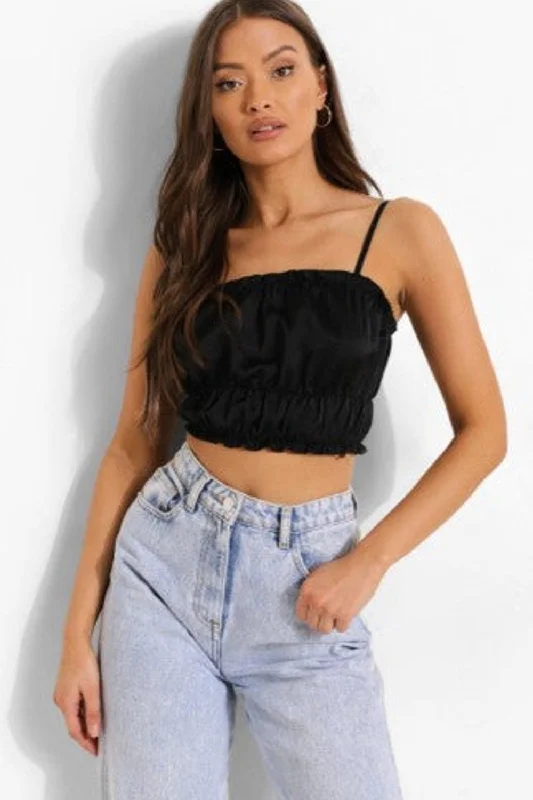 Strappy Ruched Waist Crop Top Wool Fabric Cashmere Fabric Tweed Fabric