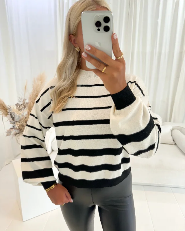 Vero Moda strik rain ls o-neck pullover birch/w. black Blouson Sleeve Pullover