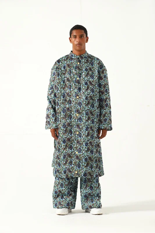 QUILTED SILK BLOCKPRINT LONG COAT Trapeze Tunic Caftan