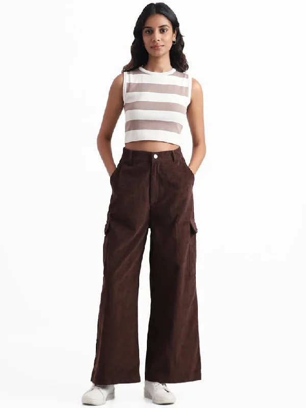 Nuon Dark Brown Corduroy Cargo High Rise Trousers Trousers fashionable chic
