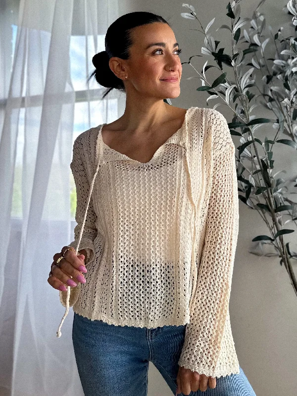 Crochet Bell Long Sleeve Pullover Halter Neck Top
