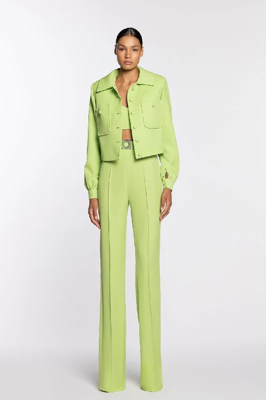 Bright green crop top paired with pants and bolero Striped Floral Plaid