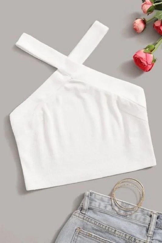 White Halter Neckline Crop Top Elasticated Padded Insulated