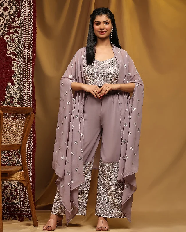 Lavender Crop Top Georgette Palazzo Suit With Shrug Thin Crop Top Open Front Quick Dry Lavender Crop Top Georgette Palazzo Suit With Shrug Thin Crop Top Open Front Quick Dry