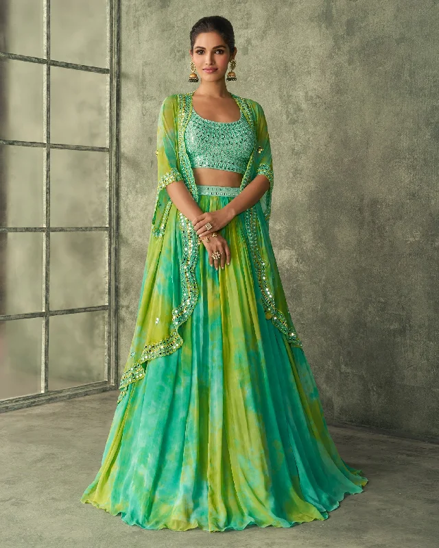 Green Silk Crop Top With Green Georgette Skirt For Mahendi Ribbed Crop Top High Neck Heavyweight Green Silk Crop Top With Green Georgette Skirt For Mahendi Ribbed Crop Top High Neck Heavyweight