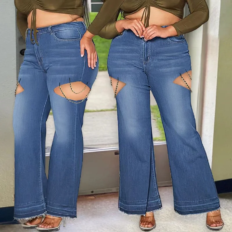 J&H 2023 new design plus size women's jeans chic chain fringe bell bottom denim pants fashion casual trousers Trousers Ceremony Elegant J&H 2023 new design plus size women's jeans chic chain fringe bell bottom denim pants fashion casual trousers Trousers Ceremony Elegant