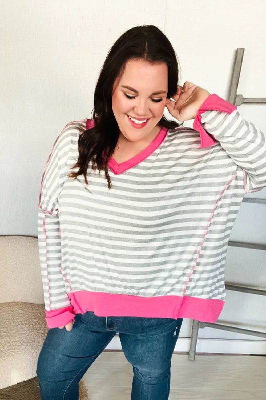 Weekend Ready Heather Grey Stripe Hi-Lo Out Seam Stitch Pullover Peter Pan Collar