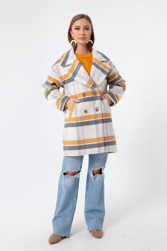 Female Plaid Pattern Coat Elasticated Drawstring Belted