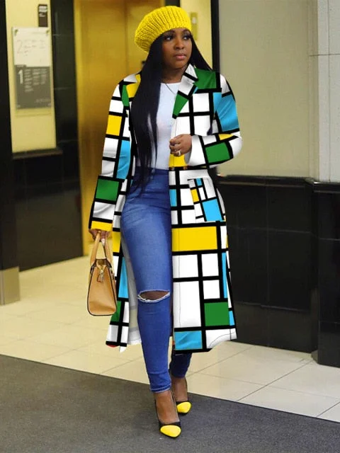 Winter Print Long Coat Welt Pockets Slit Pockets Flap Pockets