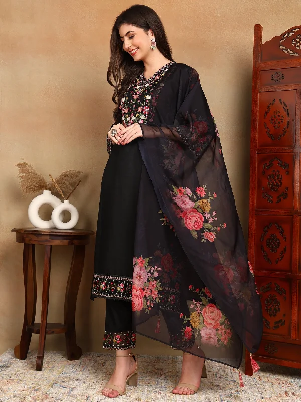 Women's Black Silk Blend Embroidered Kurta Trouser With Dupatta - Ahika Chinos Cotton Straight Leg Women's Black Silk Blend Embroidered Kurta Trouser With Dupatta - Ahika Chinos Cotton Straight Leg