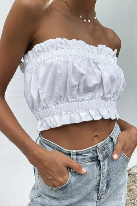White Elasticated Crop Top Front Pockets Side Pockets Patch Pockets