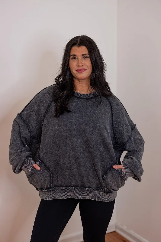Comfy Favorite Washed Black Pullover Port Neck Pullover