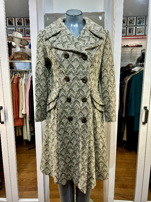 70’s Double Breasted Pattern Print Coat Herringbone Houndstooth Plaid