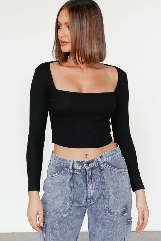 Black Crop Top With Square Neckline Knit Fabric Woven Fabric Fleece Fabric