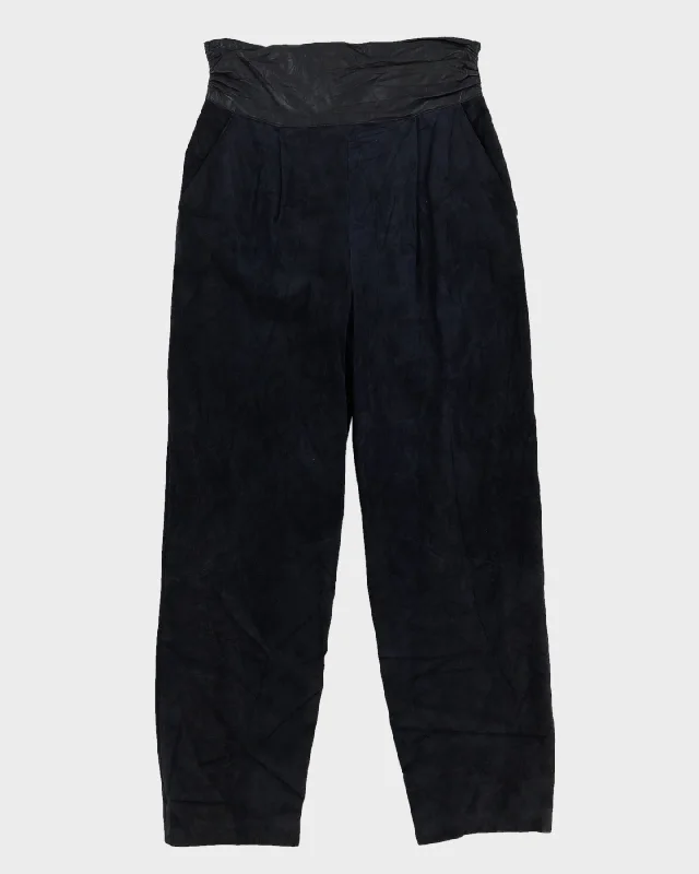 Navy Blue Suede High Wasted Trousers - W29 L29 Trousers Brand Named
