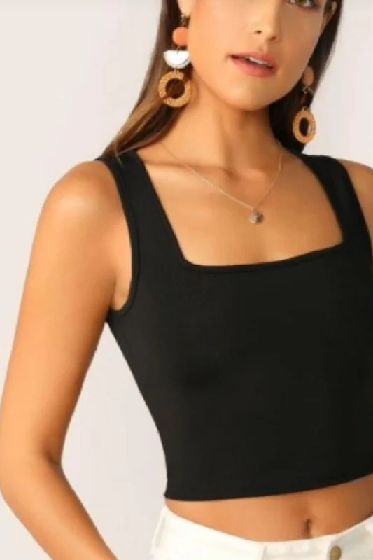 Rollin Black Square Neck Crop Top Fleece Fabric Down Fabric Feather Fabric