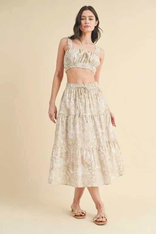 The Rona Taupe Floral Crop Top + Skirt Set - Sold Separately Lace Blend Ribbed Blend Corduroy Blend