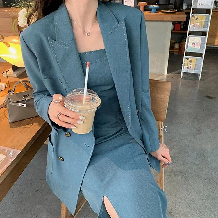 2022 Casual Two-piece Suit Korean Edition Solid Color Coat Blue Loose Version Long Sleeve Small Fresh Suit Female Houndstooth Coat Plaid Coat Tartan Coat