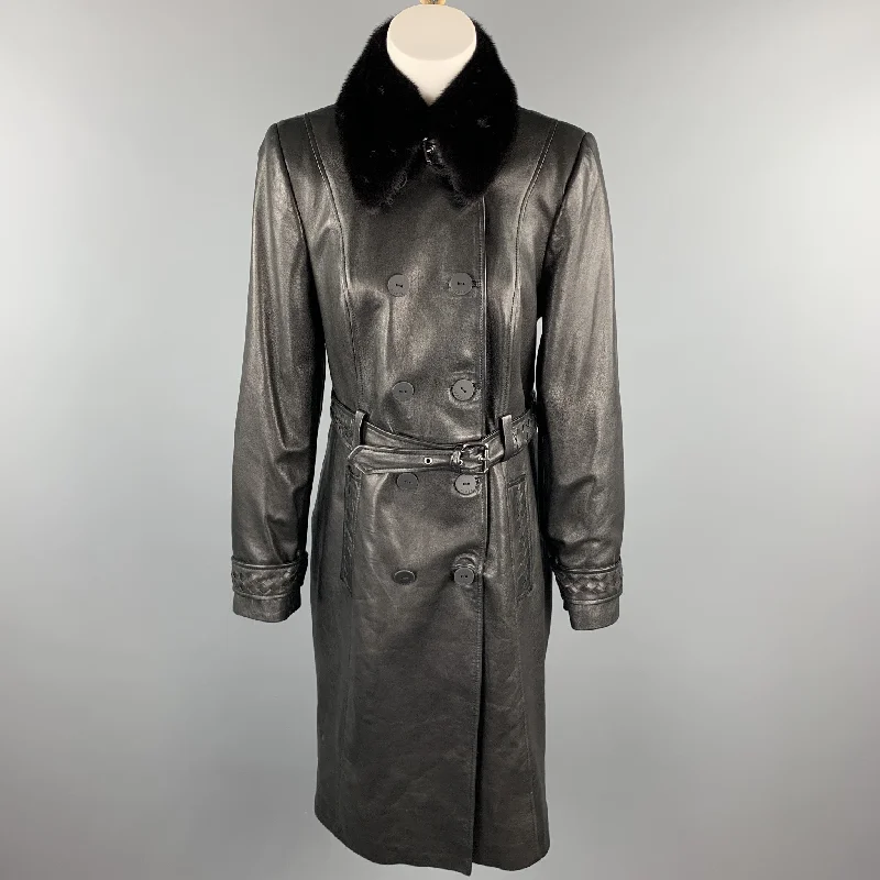 GIZIA Size 4 Black Leather Fur Collar Double Breasted Coat Vest Waistcoat Gilet