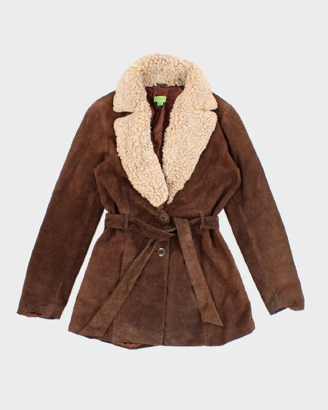 John Carlisle Sherpa Collared Belted Suede Coat - S Fleece Down Feather