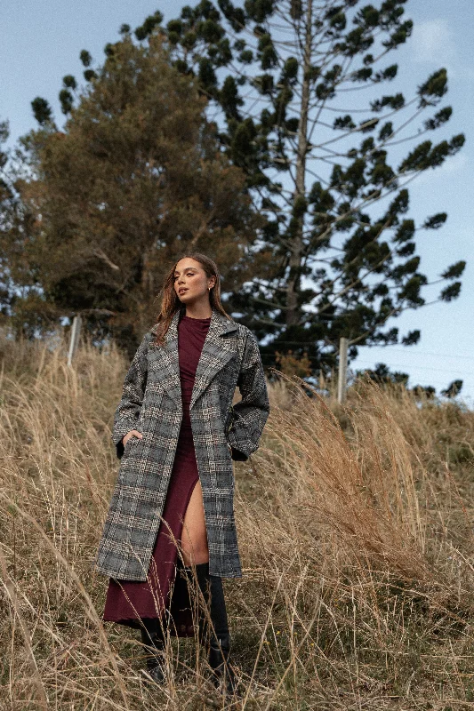 Torie Waist Tie Long Coat - Grey Check Jersey Tulle Batik