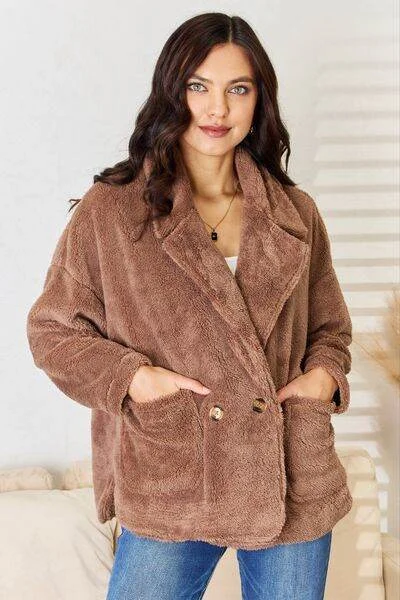 Culture Code Double Breasted Fuzzy Coat Nylon Polyester Spandex