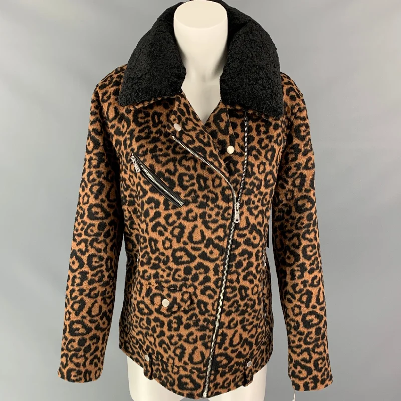 AVEC LES FILLES Size M Black & Brown Animal Print Polyester Coat Satin Silk Chiffon