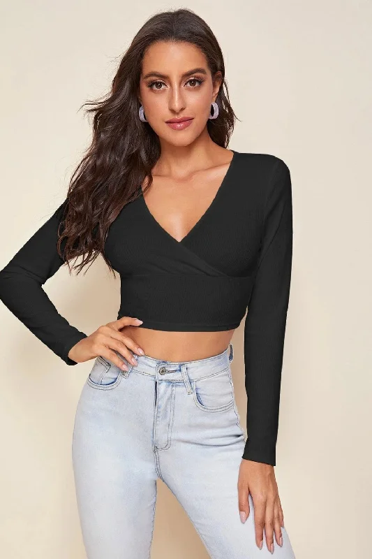 Surplice Neck Crop Top Black Satin Blend Silk Blend Wool Blend