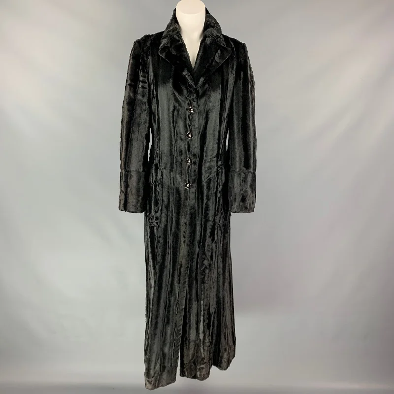JUST CAVALLI Size 10 Black Textured Acetate Blend Faux Fur Coat Crew Neck V-Neck Boat Neck JUST CAVALLI Size 10 Black Textured Acetate Blend Faux Fur Coat Crew Neck V-Neck Boat Neck
