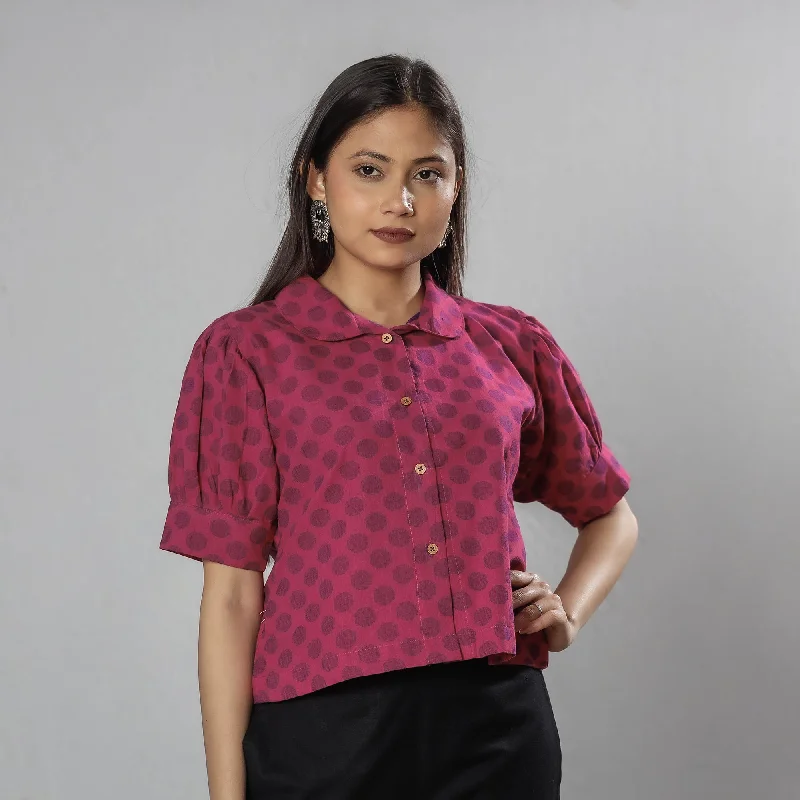 Pink Jacquard Half Sleeve Cotton Crop Top Silk Blend Satin Velvet