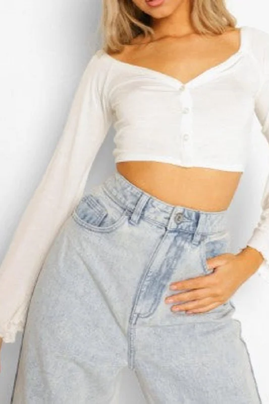 White Tall V-Neck Button Front Long Sleeve Crop Top Houndstooth Herringbone Solid
