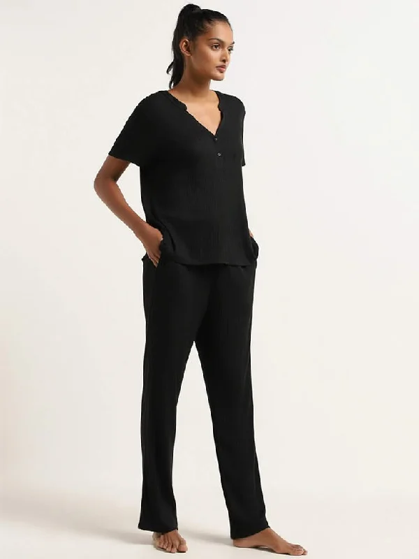 Wunderlove Black Ribbed Supersoft Trousers Trousers High Rise Slim Fit