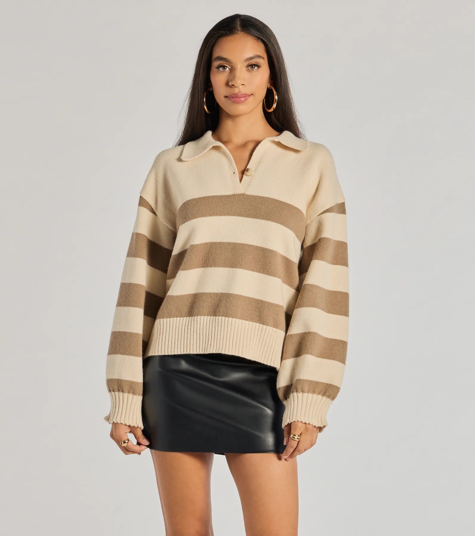 Stripe Sensation Collared Pullover Sweater Open Front Cardigan
