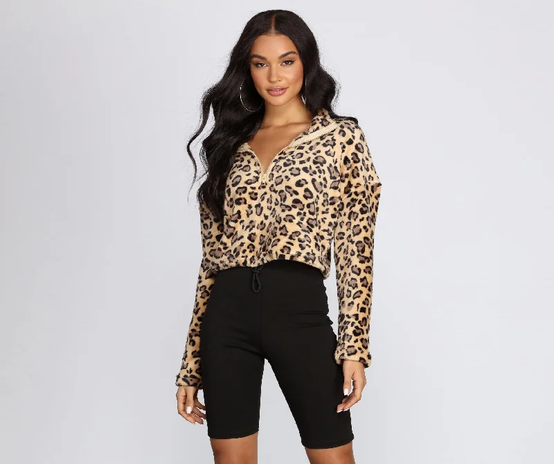 Leopard Print Zip Up Pullover Square Neck Pullover